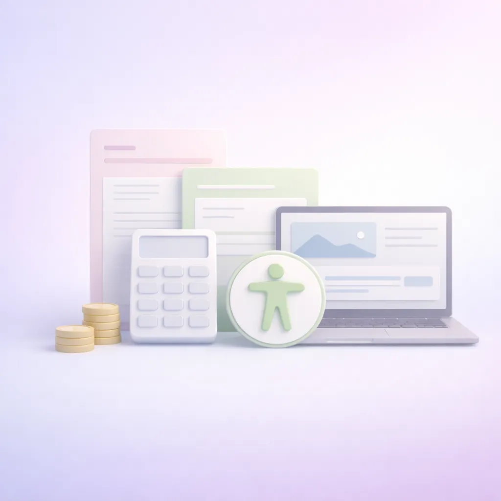Calculator, coins, documents, accessibility symbol, and laptop with webpage for Graceful Web Studio accessibility services and IRS tax credit.