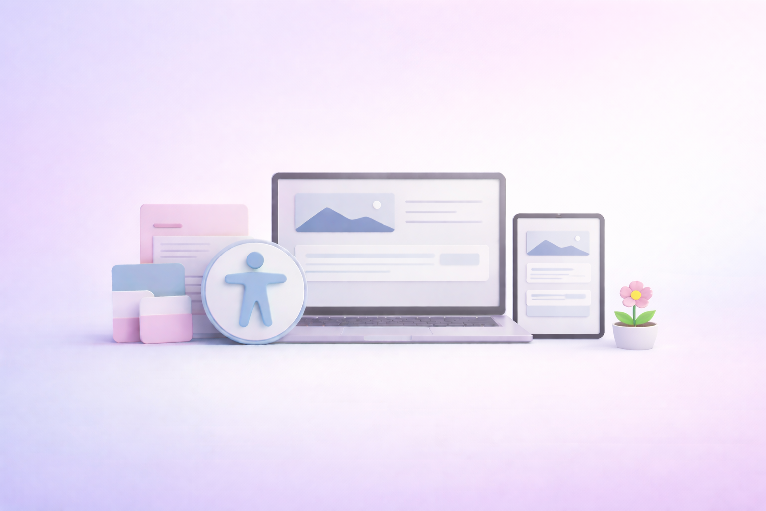 Illustration of a laptop and tablet displaying web content, an accessibility icon, colored cards, and a potted pink flower for Graceful Web Studio accessibility services and IRS tax credit.