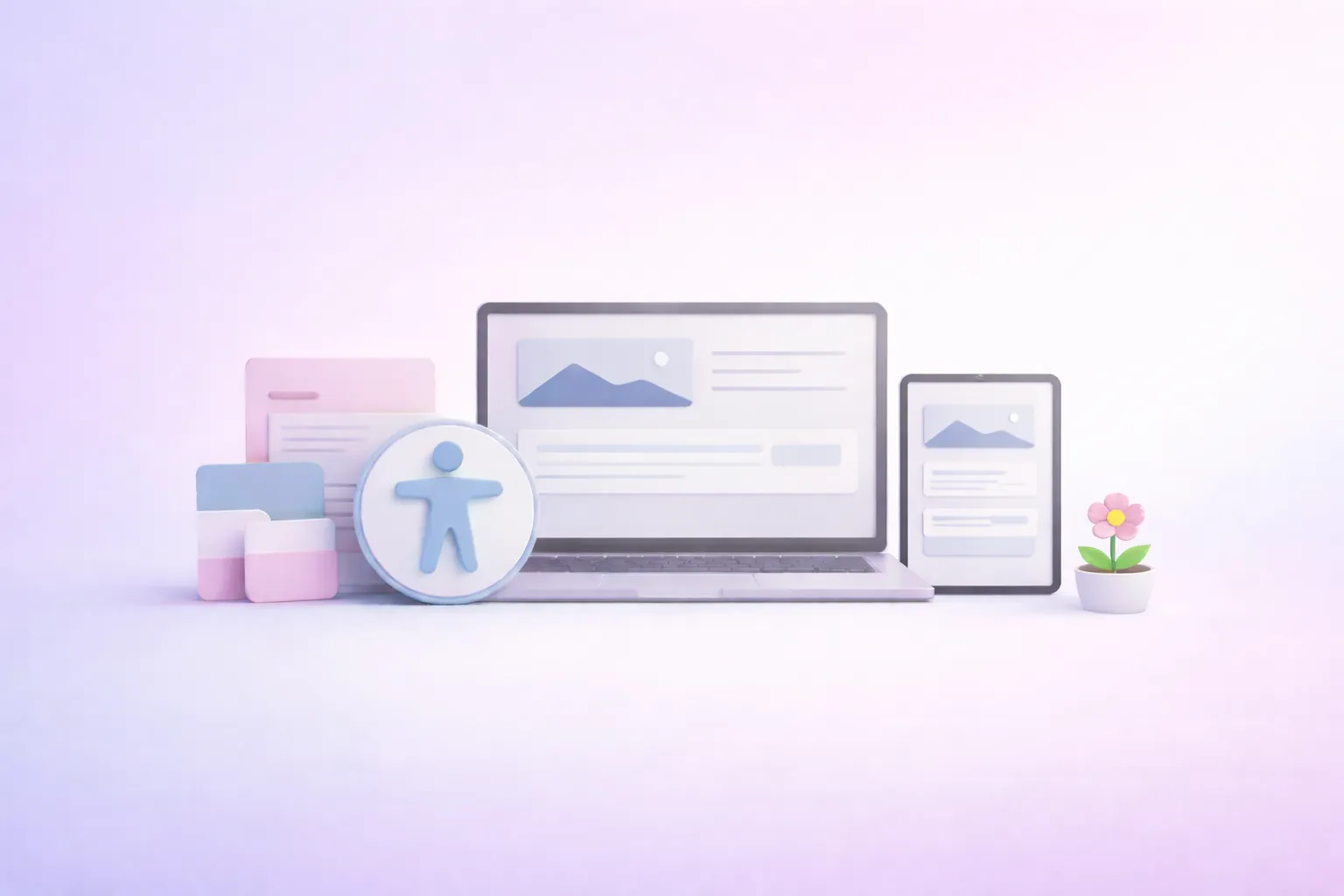 Illustration of a laptop and tablet displaying web content, an accessibility icon, colored cards, and a potted pink flower for Graceful Web Studio accessibility services and IRS tax credit.