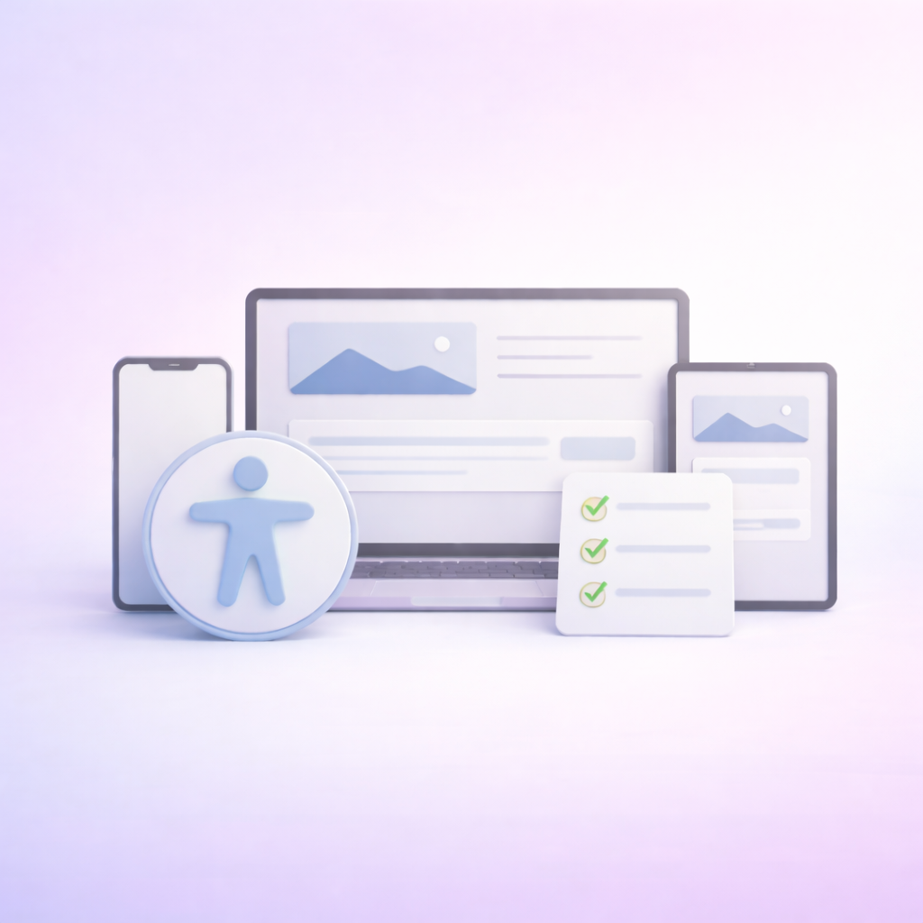 Digital devices including a smartphone, laptop, and tablet with an accessibility icon and a checklist with green checkmarks for Graceful Web Studio accessibility services and IRS tax credit.