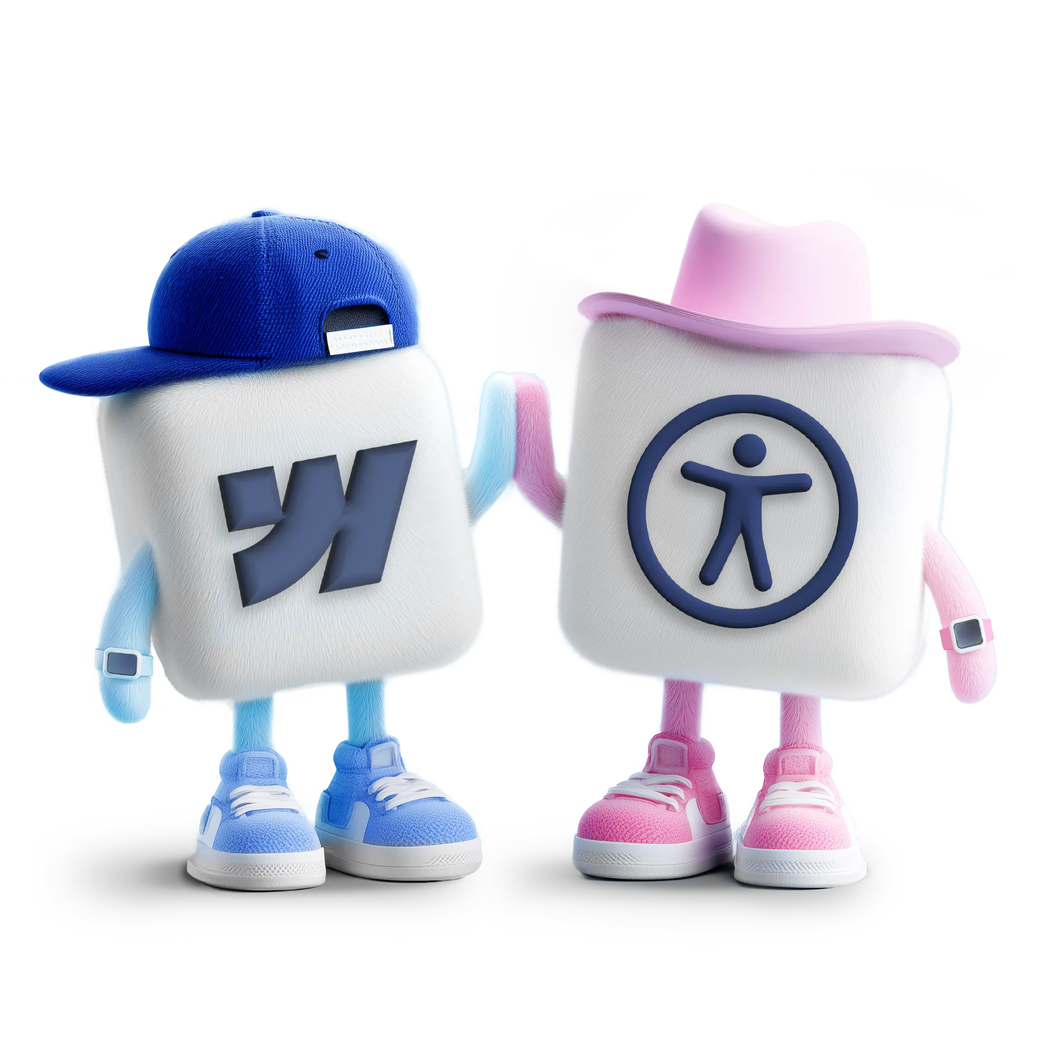 Webflow male character with backwards baseball cap high fiving with Accessibility character with pink cowgirl hat.