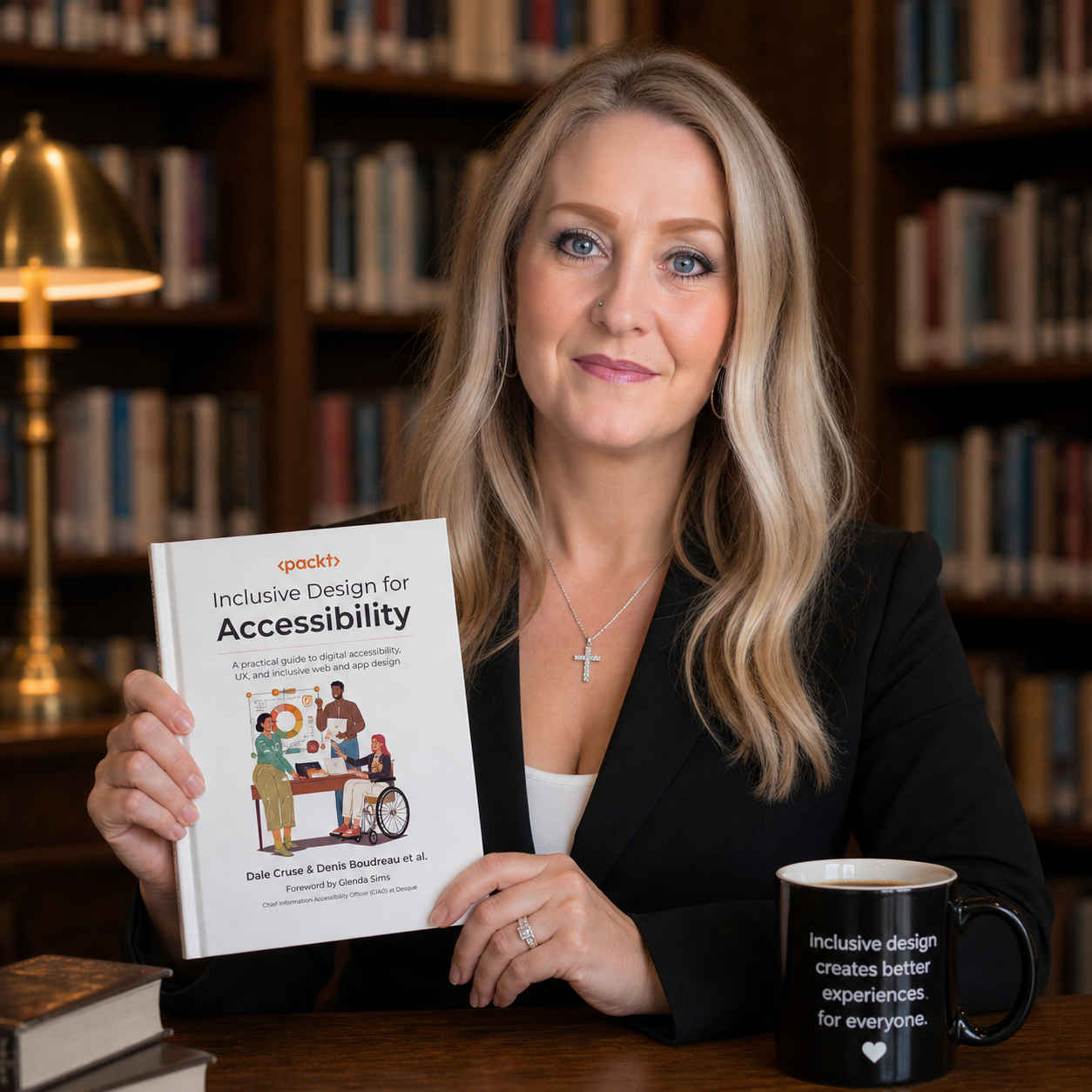 Crystal Scott holding a copy of the book she Co authored Inclusive Design for Accessibility 