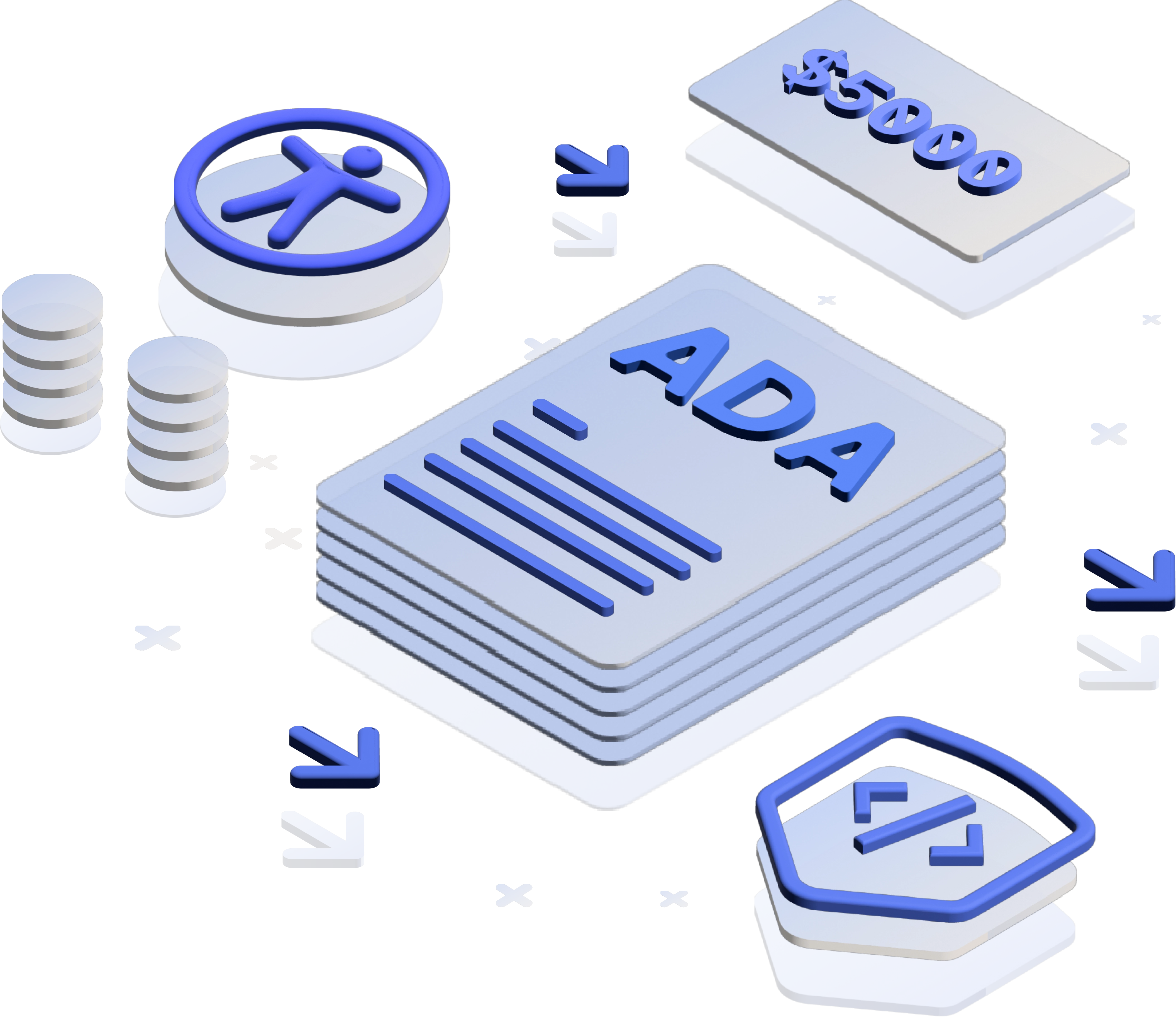 Pink piggy bank, white calculator, stacked gold coins, documents, and an accessibility symbol for Graceful Web Studio accessibility services and IRS tax credit.