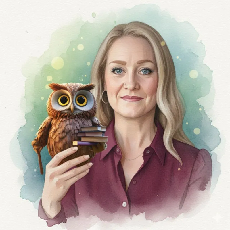 Crystal with long blonde hair holding a small owl perched on her hand with books on its wing.