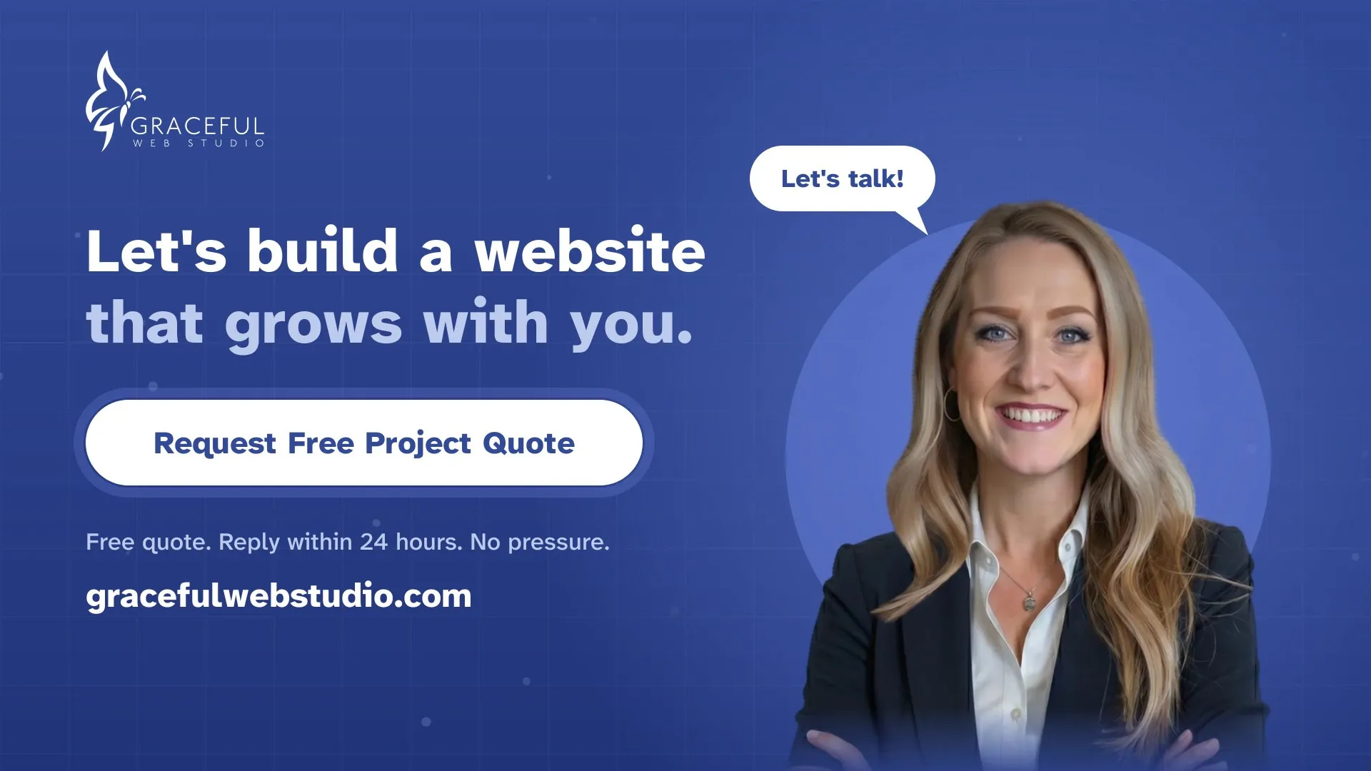 Advertisement for Graceful Web Studio showing a smiling Crystal Scott with long blonde hair wearing a black blazer and white shirt, with text inviting to build a website that grows with you and a button to request a free project quote.