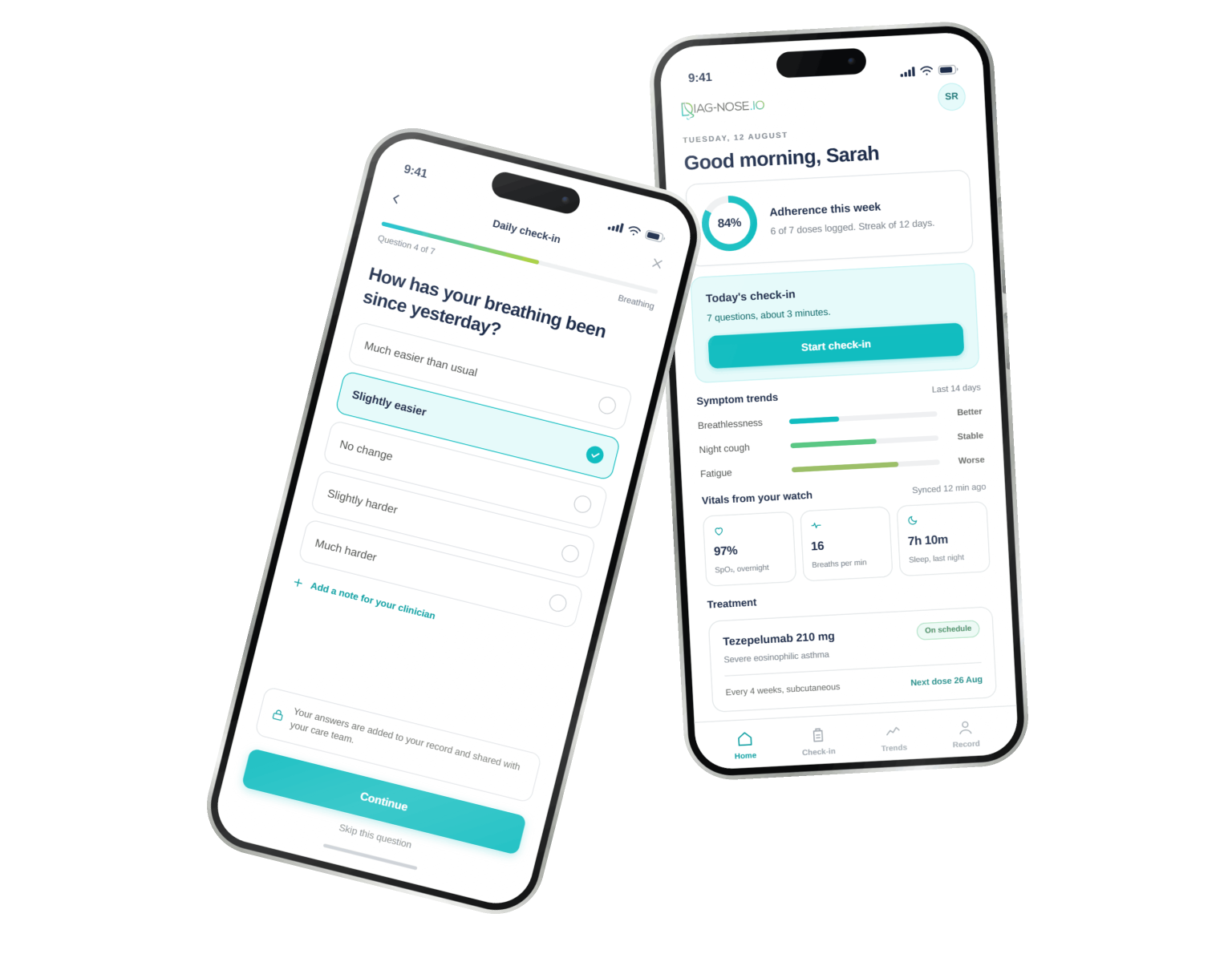 Two Diag-nose.io phones showing a health app with symptom check-in and weekly adherence, vitals, and treatment details.