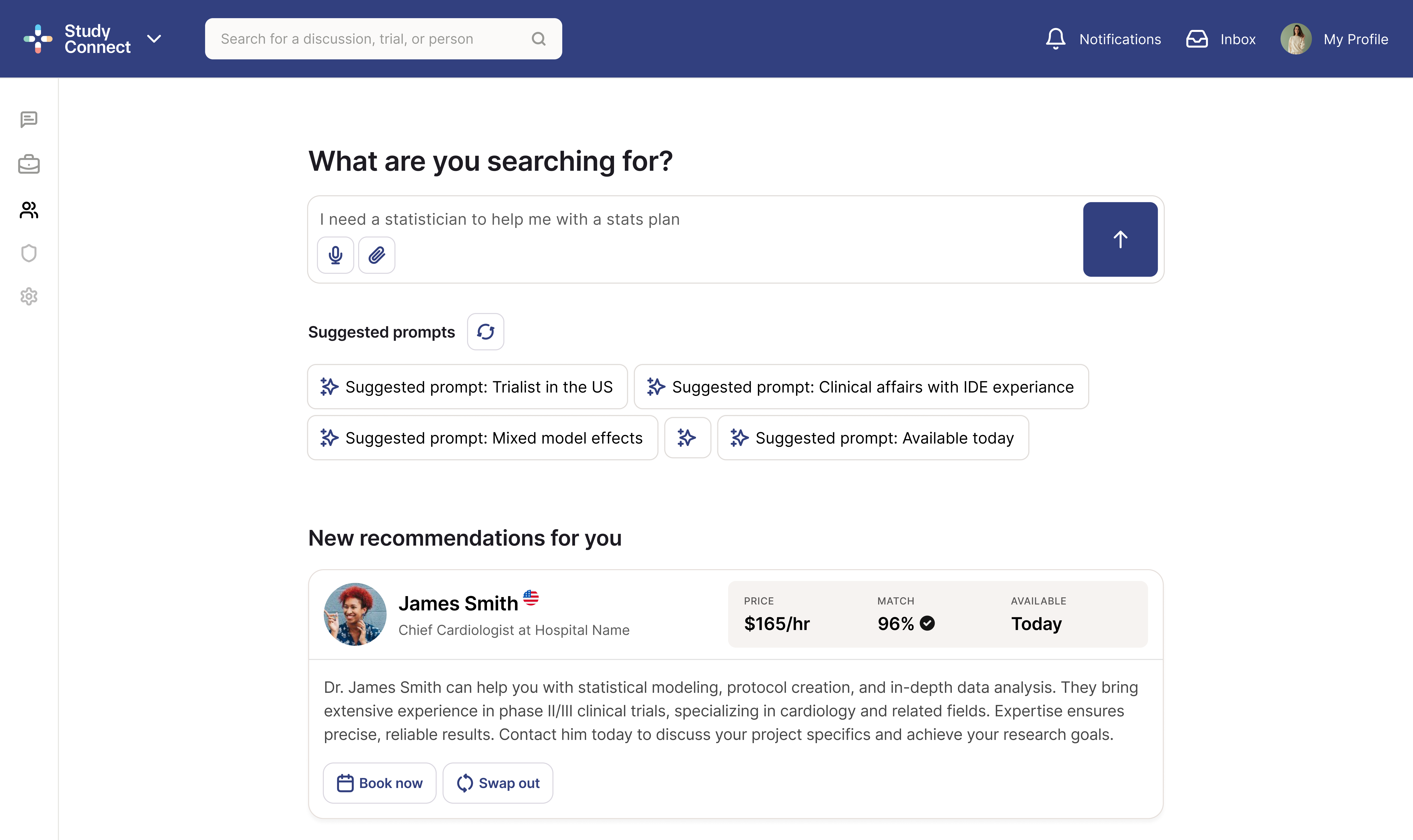 Study Connect platform interface showing a search box, suggested prompts, and a recommendation for James Smith, Chief Cardiologist, available today at $165 per hour with 96% match.