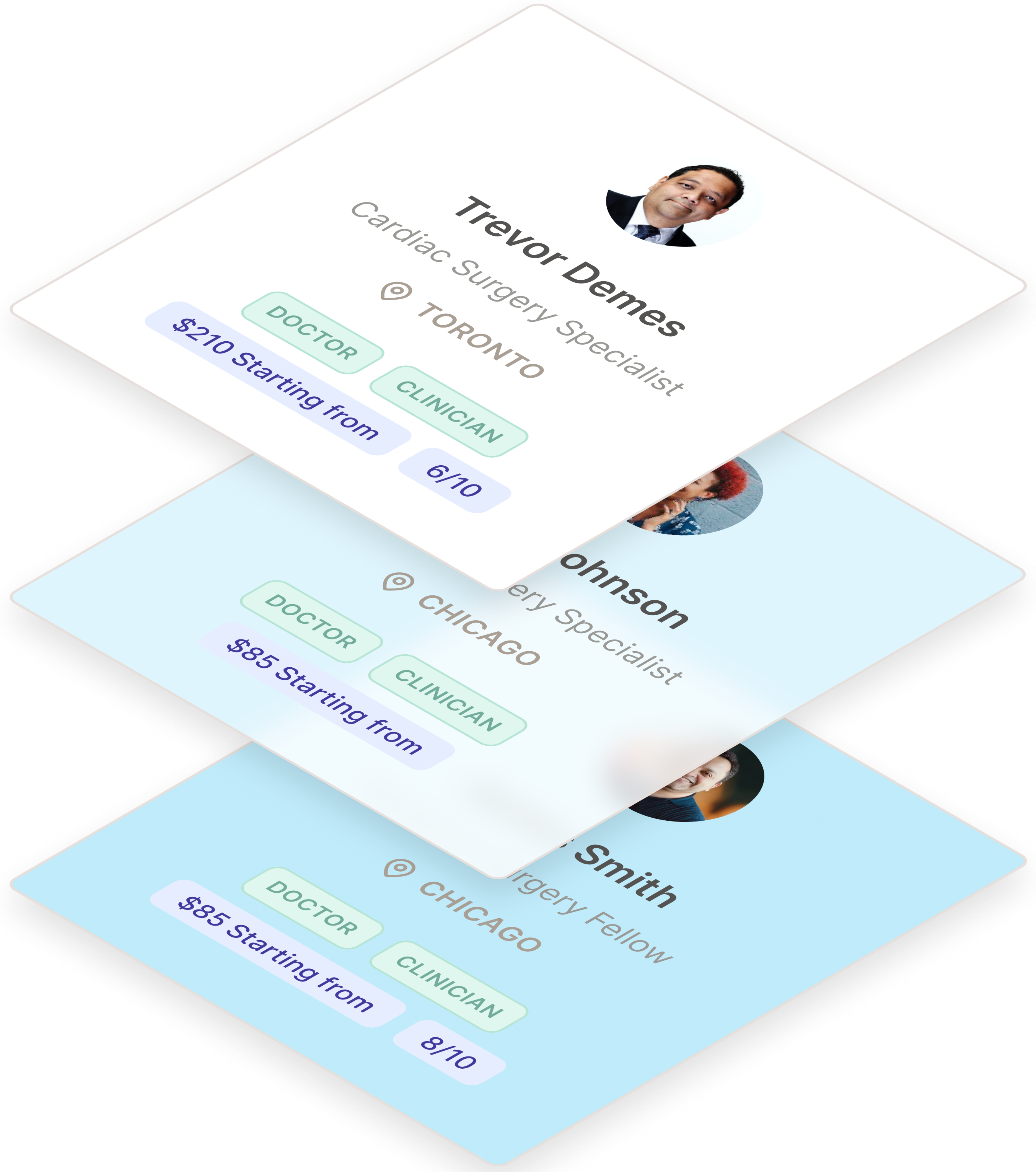 Stacked profile cards of three medical professionals with names, specialties, locations, roles, prices, and ratings.