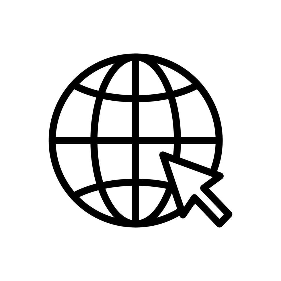 Black outline of a globe with latitude and longitude lines and a cursor arrow pointing at it.