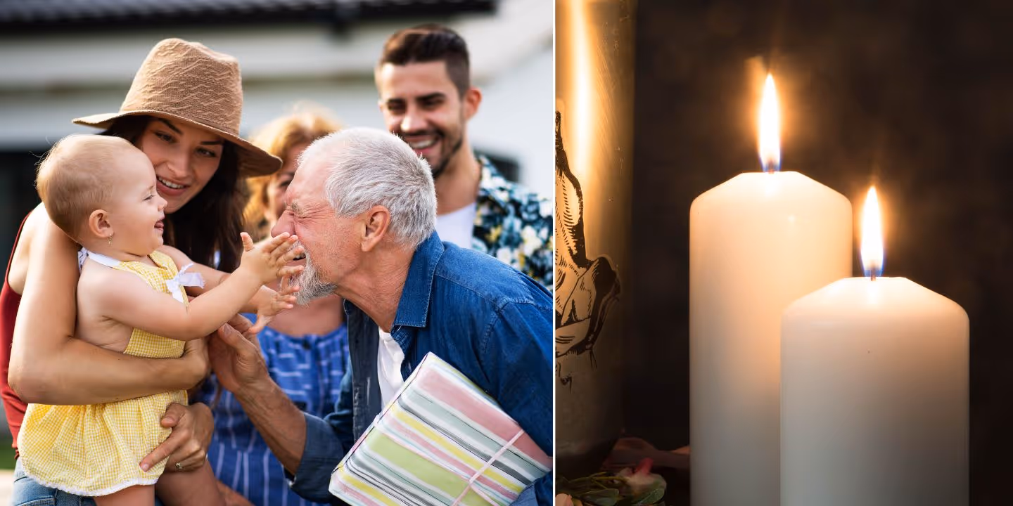 Familie møter eldre mann som holder en gave, baby smiler og berører hans ansikt, og to tennende lys i nærbilde.