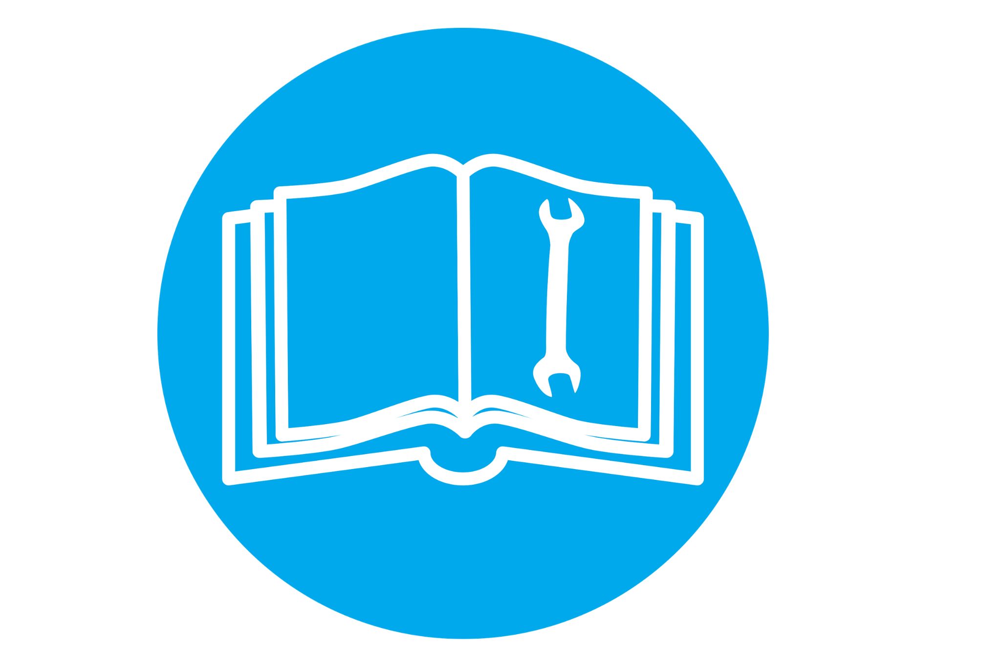 Logo av en blå bok med en skiftenøkkel som illustrasjon