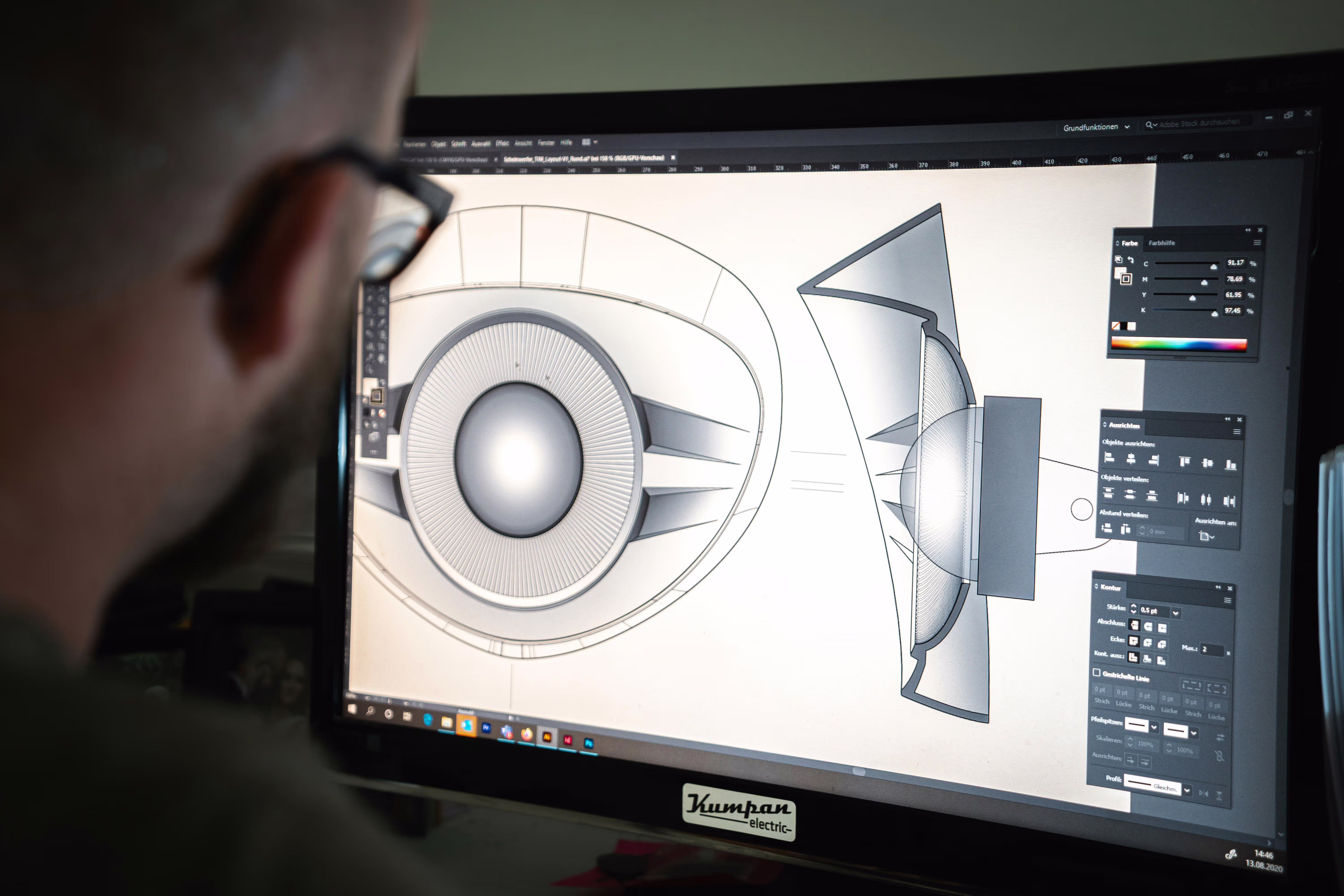 Engineer inspecting a 3D CAD model on a large screen.