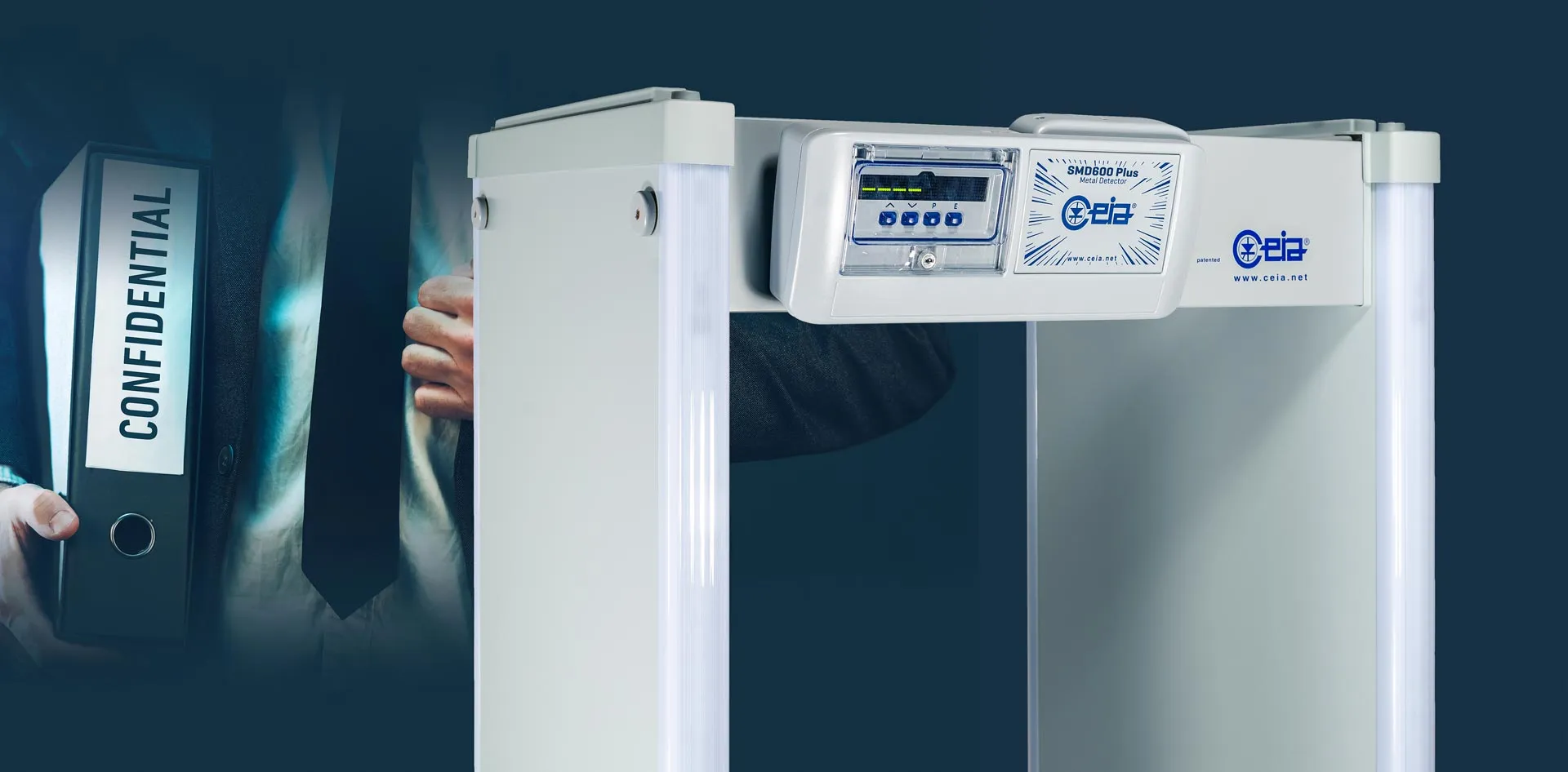 Metal detector with brand name CEIA and model SMD600 Plus, scanning a person holding a black folder labeled Confidential.