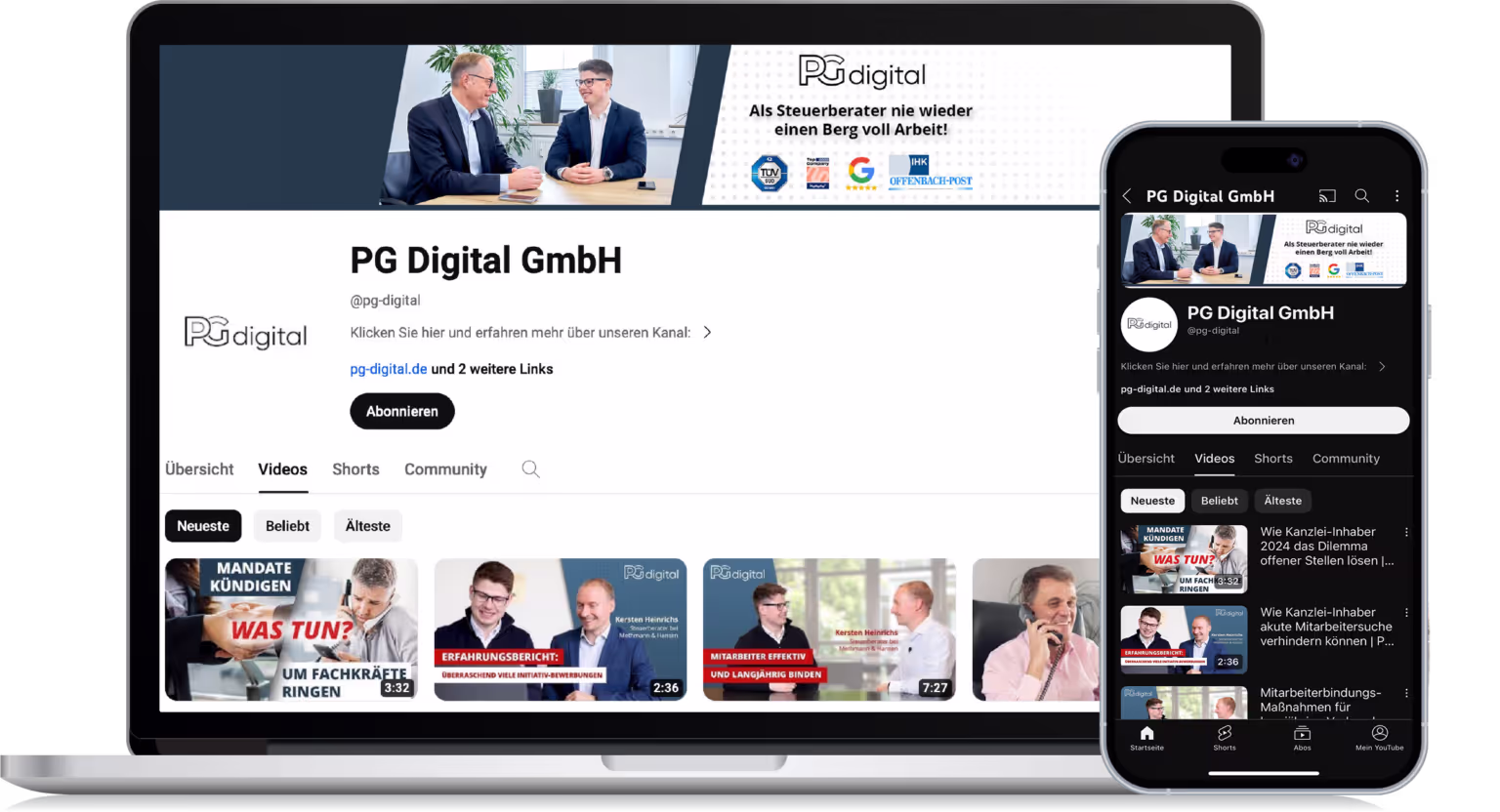 Darstellung des YouTube-Kanals von PG Digital GmbH auf einem Laptop- und einem Smartphone-Bildschirm mit Videovorschlägen zu Themen für Steuerberater.