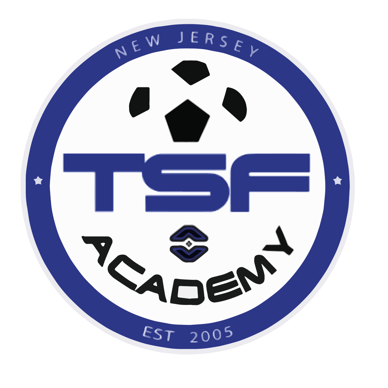 Circular logo with blue border and stars, featuring a black and white soccer ball above bold blue letters TSF and black curved text ACADEMY below, with 'NEW JERSEY' at the top and 'EST 2005' at the bottom.