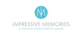 Logo of Impressive Memories with stylized NM initials in a blue circle and tagline for 3D life casting, keepsake, and memorial jewellery.