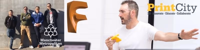 Banner with people stood against wall and man speaking at event.