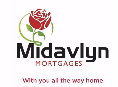 Midavlyn Mortgages logo featuring a stylized red rose with green stem and leaves, with the tagline 'With you all the way home'.