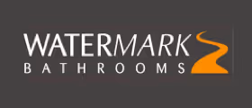 Watermark Bathrooms logo with stylized orange 'S' on dark background.