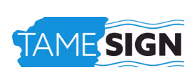 Logo with the word 'TAMESIGN' where 'TAME' is in white on a blue background and 'SIGN' is in black on a white background with blue wavy lines.