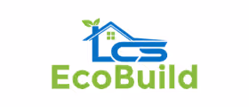 LCS EcoBuild logo featuring a blue house outline with green leaves and green text.