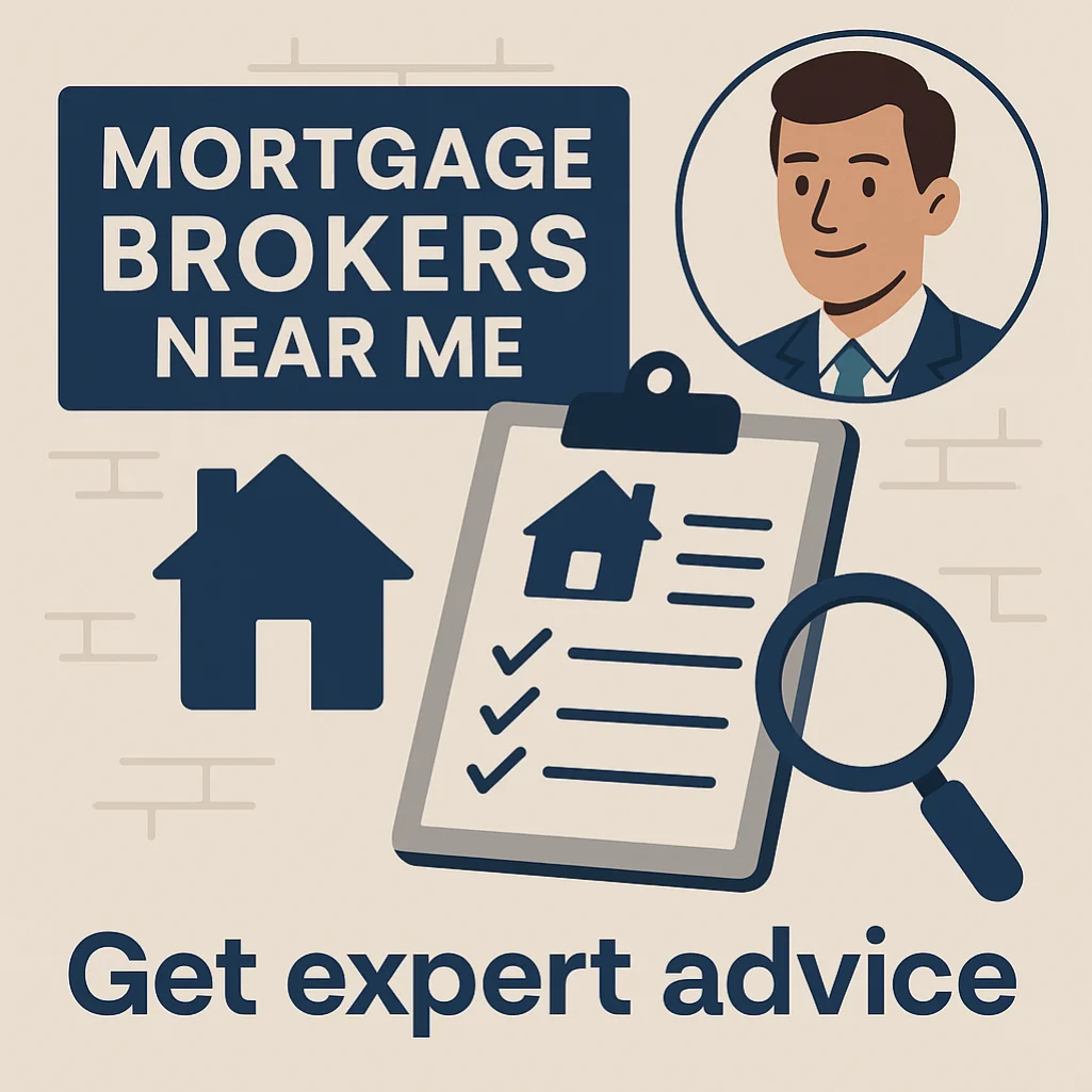 Illustration showing a friendly mortgage advisor helping a couple review mortgage options on a tablet, representing how Mortgage Brokers Near Me provides personalised guidance and support.