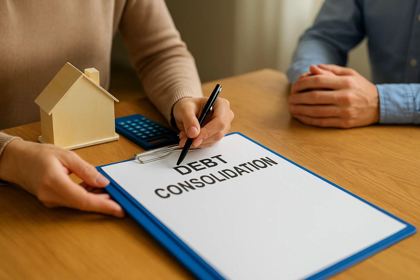 A person holds a pen over a "Debt Consolidation" document on a clipboard, with a small wooden house model and calculator on the table, symbolising mortgage planning and financial decisions.