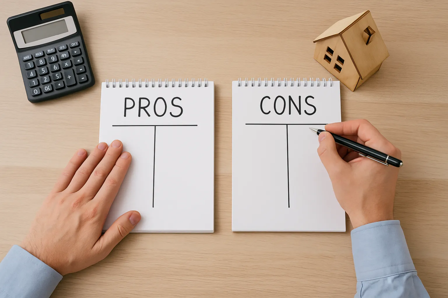 A person writes on two notepads labelled "PROS" and "CONS" with a pen, surrounded by a calculator and a small wooden house model on a light wood desk, representing mortgage decision-making.