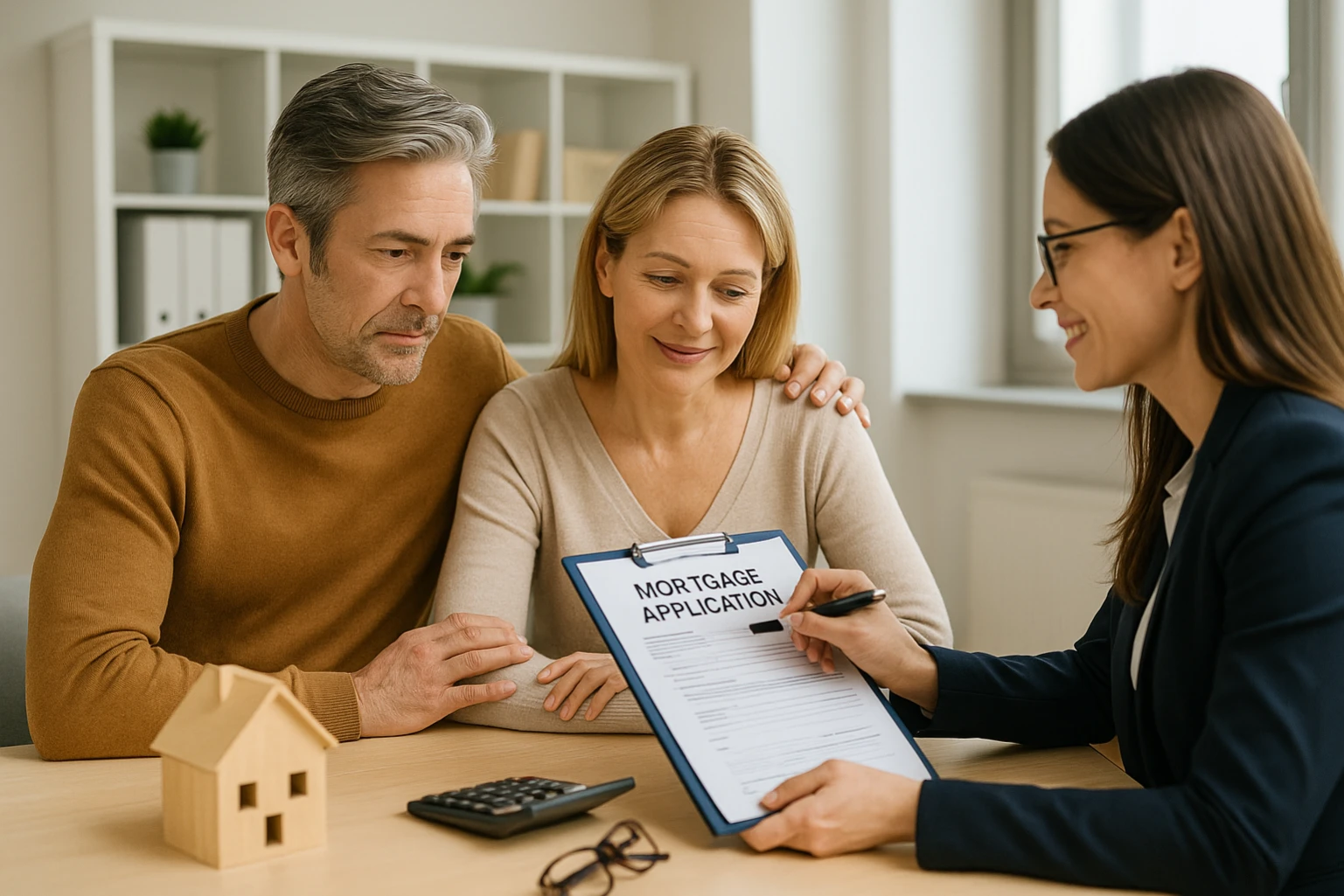 A smiling mortgage advisor shows a middle-aged couple a clipboard with a mortgage application form during a consultation in a bright, professional office setting.