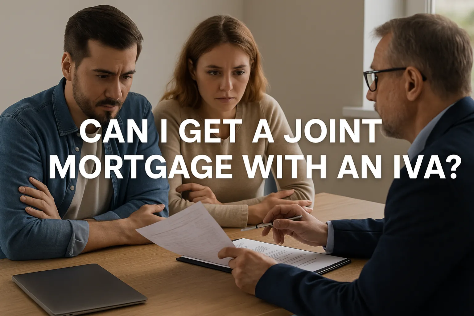 A couple sits at a table with a mortgage advisor, reviewing documents in a serious discussion about joint mortgage options with an IVA.