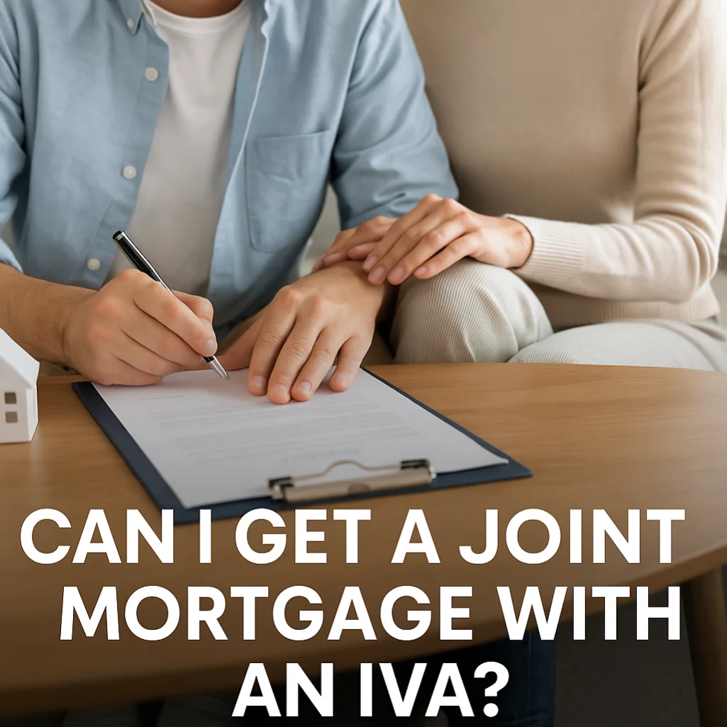 A digital photograph with text overlay showing a calm couple reviewing mortgage paperwork at home, representing financial planning after an IVA.