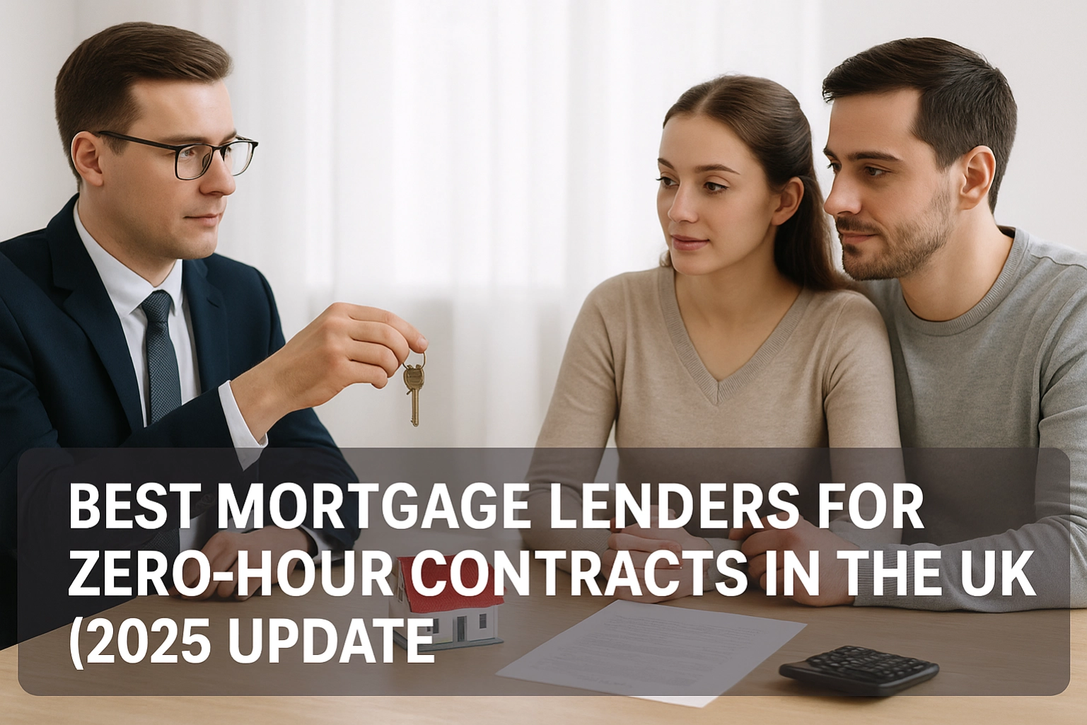 A couple in a mortgage meeting with an advisor handing over house keys, with documents and a small house model on the table.