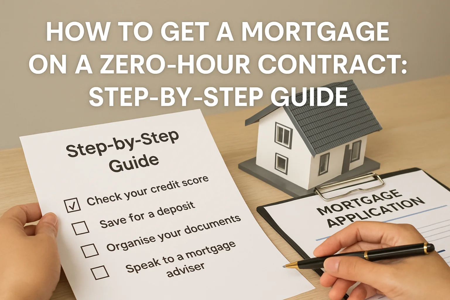 A person holding a step-by-step mortgage checklist next to a mortgage application form and a model house, representing the mortgage process for zero-hour contract applicants.