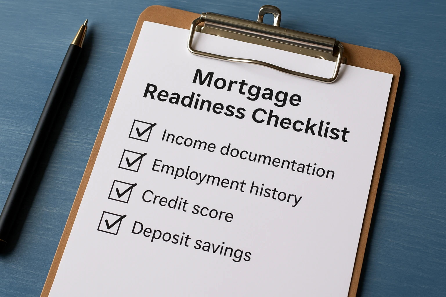A clipboard displaying a mortgage readiness checklist with ticked boxes for income documentation, employment history, credit score, and deposit savings, alongside a pen on a blue wooden surface.