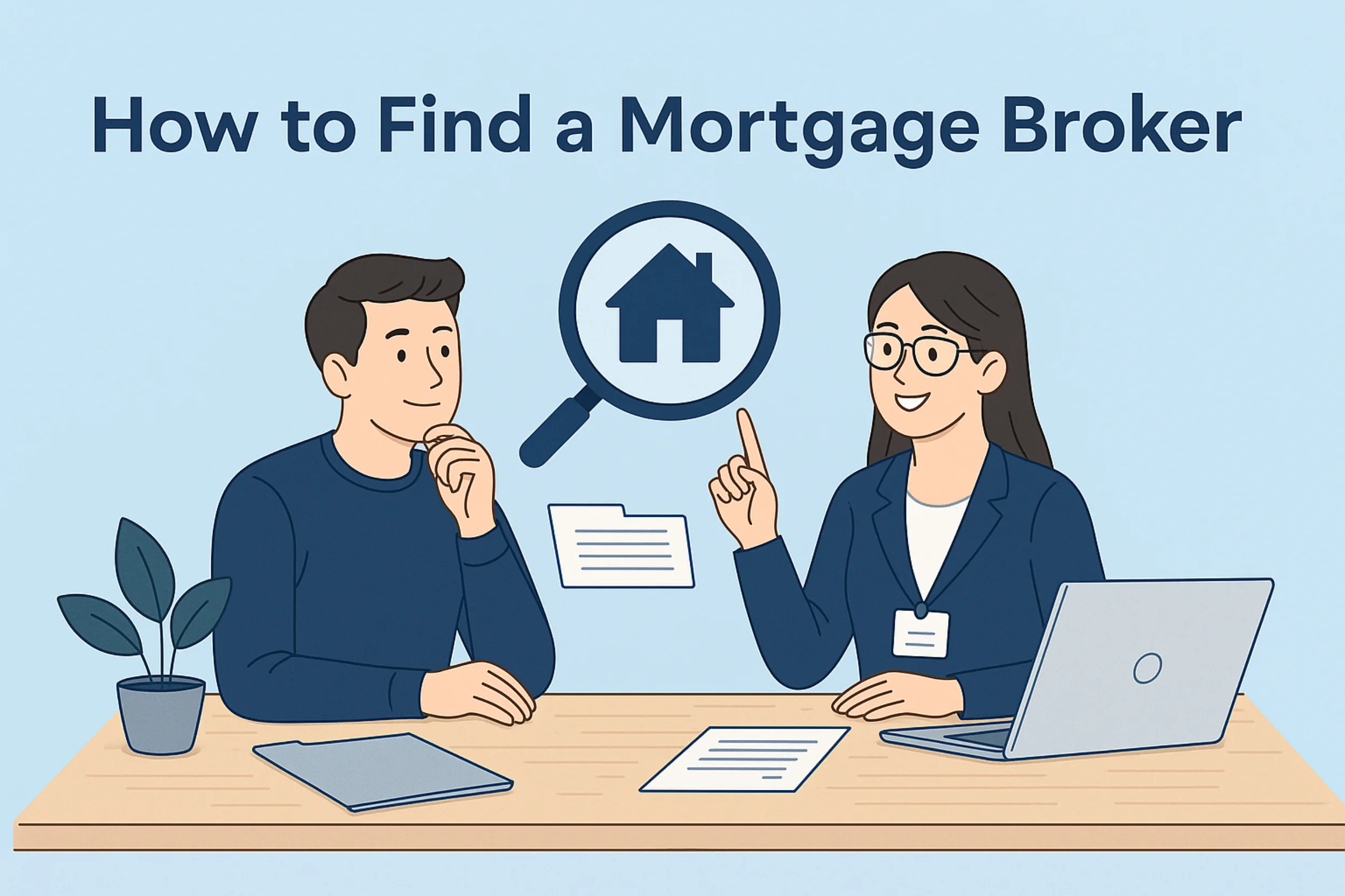 Illustration showing a person using a laptop to search for mortgage brokers online, surrounded by UK houses, location pins, and financial icons representing mortgage options.