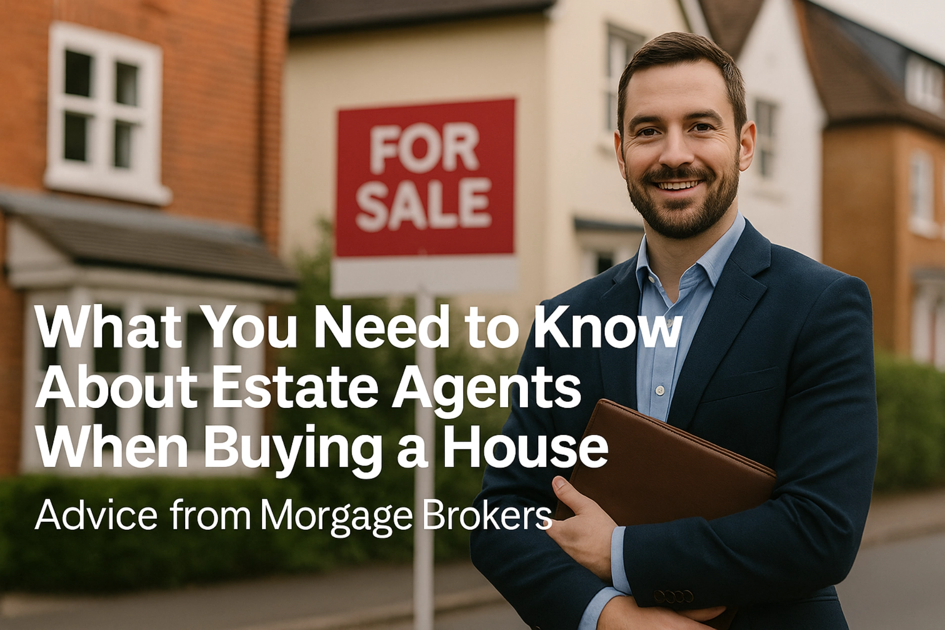 A smiling mortgage broker standing in front of a house with a “For Sale” sign, holding a portfolio. The image represents guidance for buyers on dealing with estate agents when purchasing a home