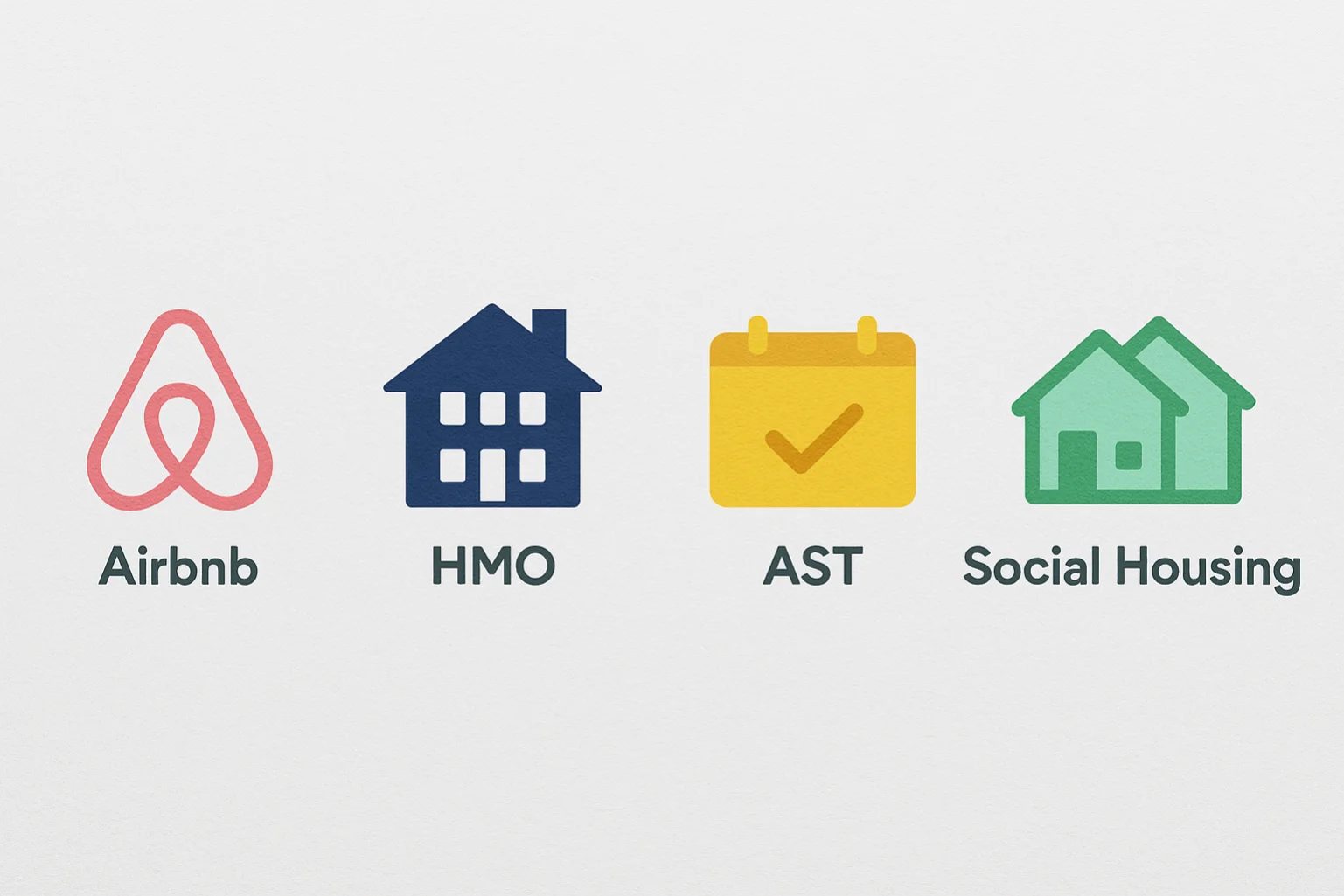 A flat-style digital illustration in landscape format showing four colourful icons side-by-side representing Airbnb, HMO, AST, and Social Housing, each clearly labelled underneath. 