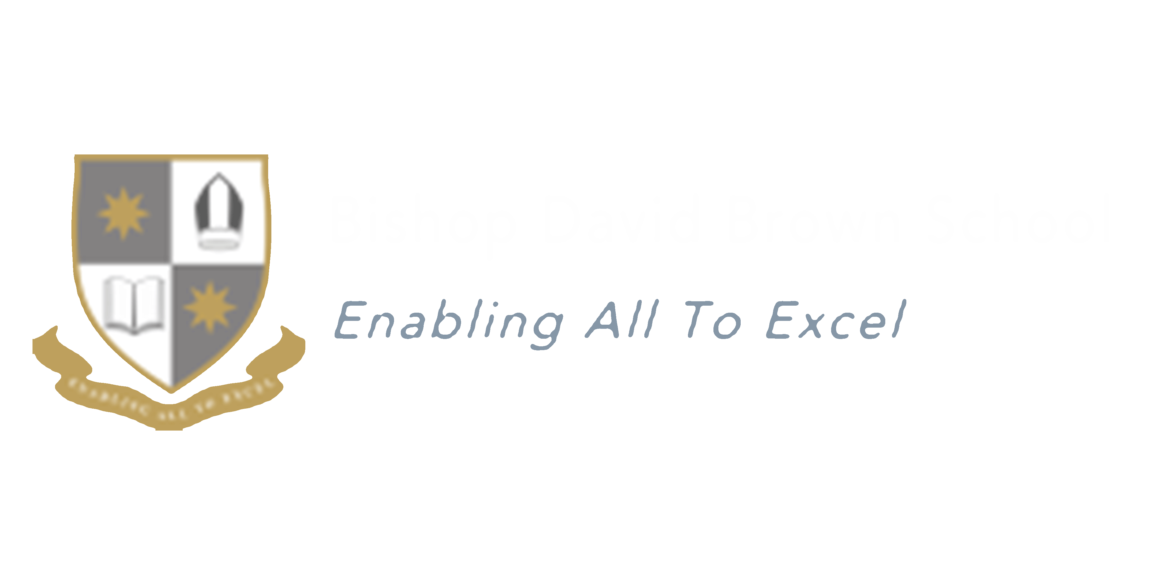 Bishop David Brown School logo featuring a shield with book, bishop's mitre, two stars, and the motto 'Enabling All To Excel.'