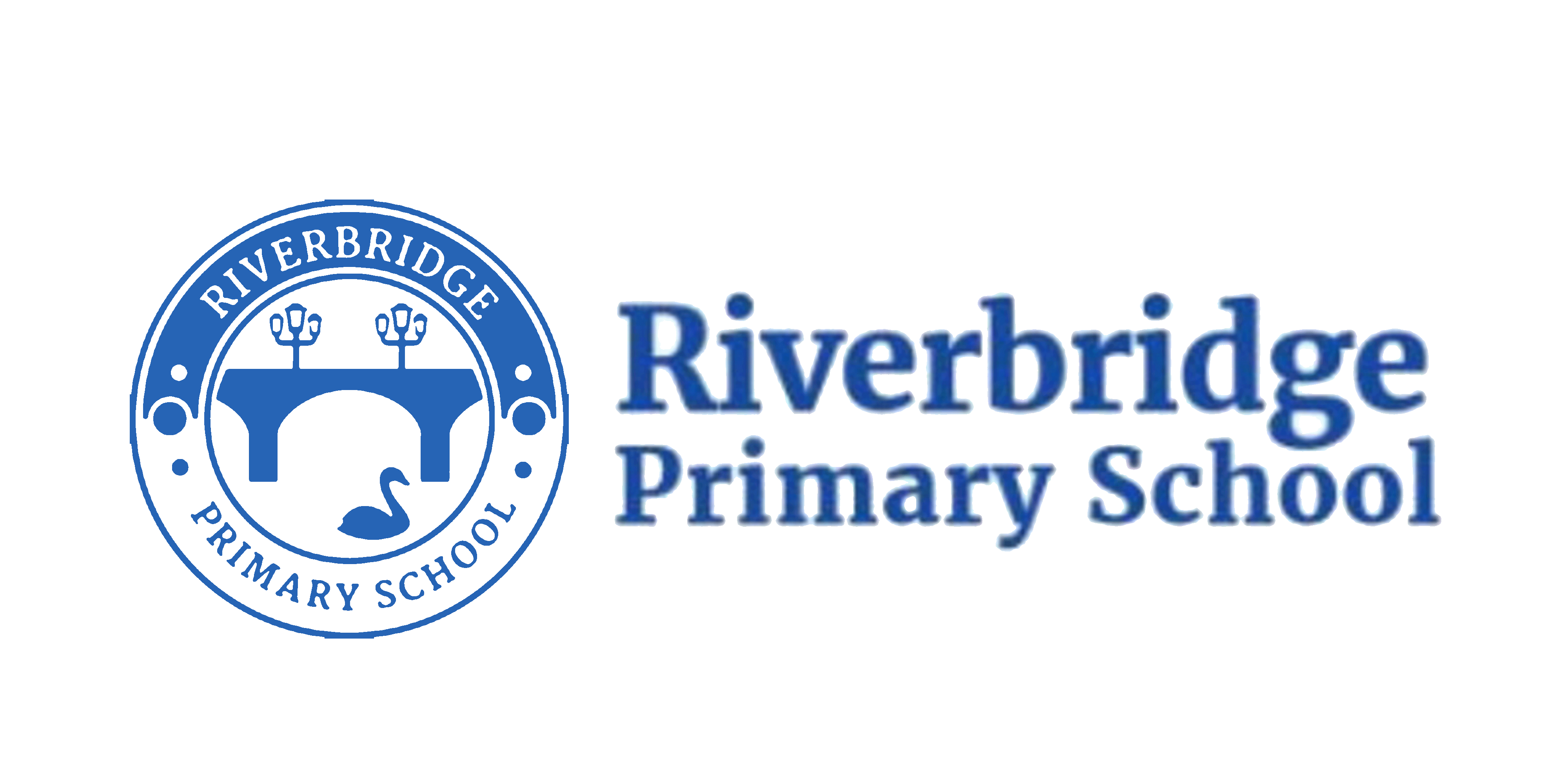 Blue circular logo with a bridge, two street lamps, and a swan, next to the words Riverbridge Primary School in blue text.