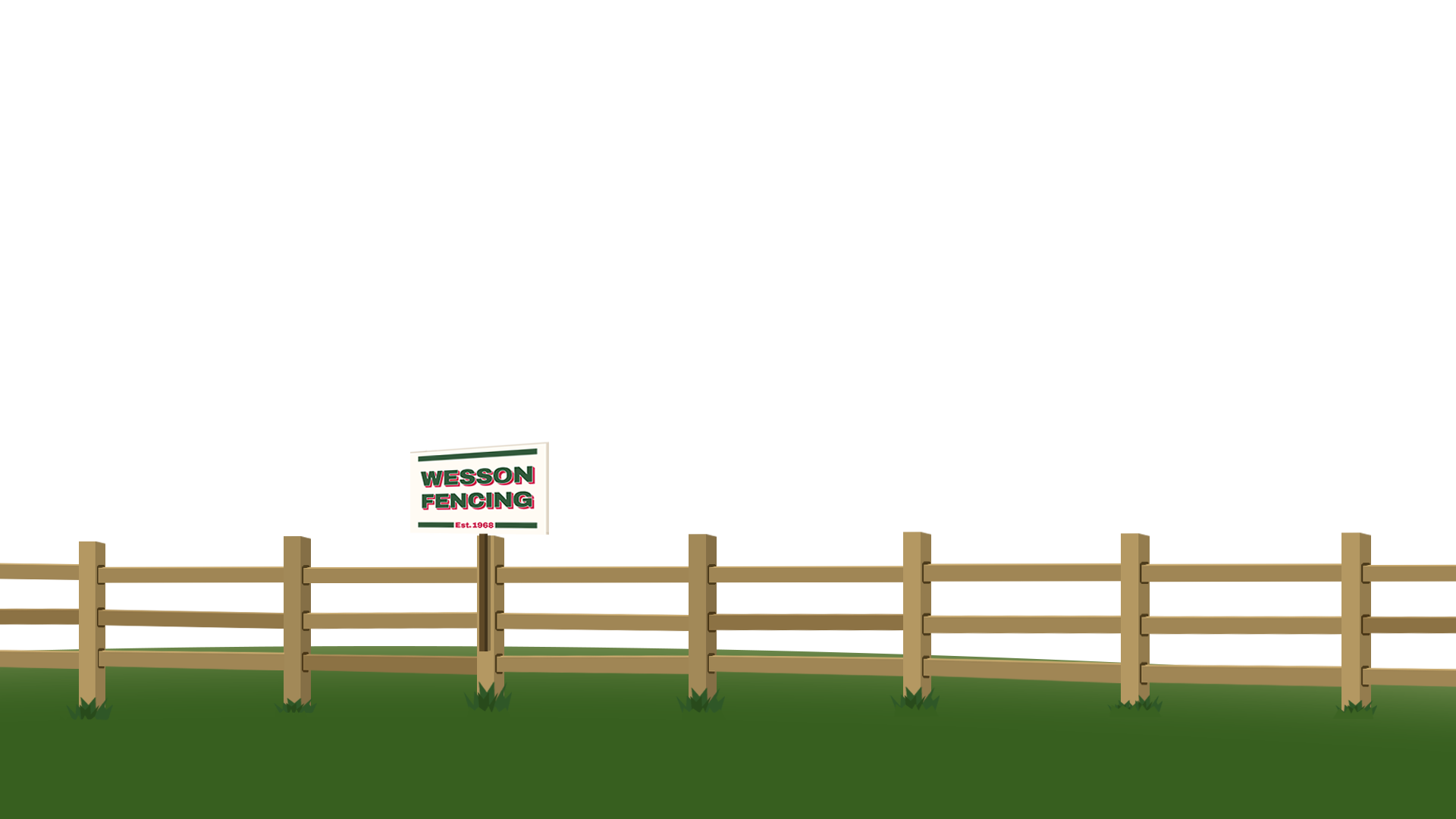 Brown wooden fence on green grass with a sign reading 'Wesson Fencing Est. 1968'.