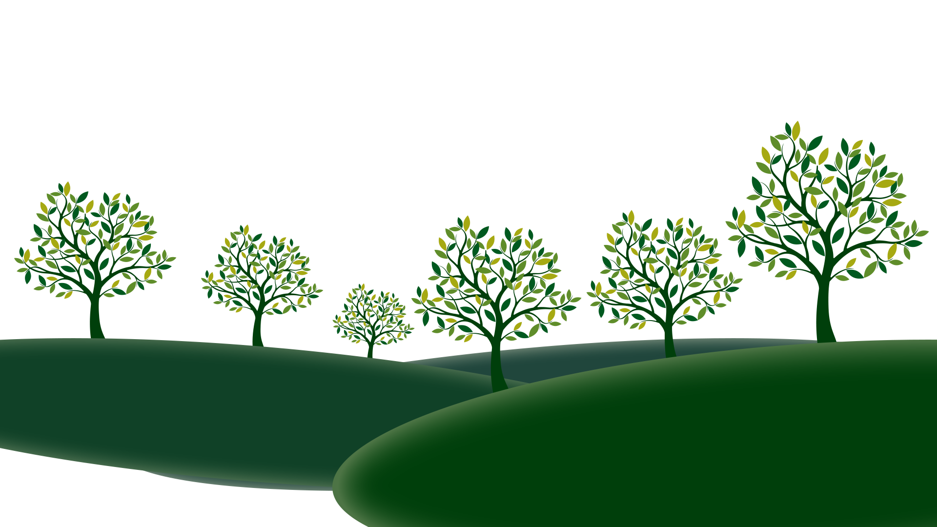 Illustration of six green leafy trees of varying sizes on rolling green hills against a white background.