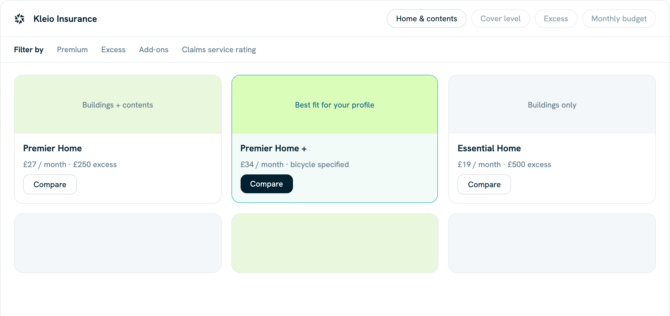 Kleio Insurance interface comparing home cover options with premiums and excess