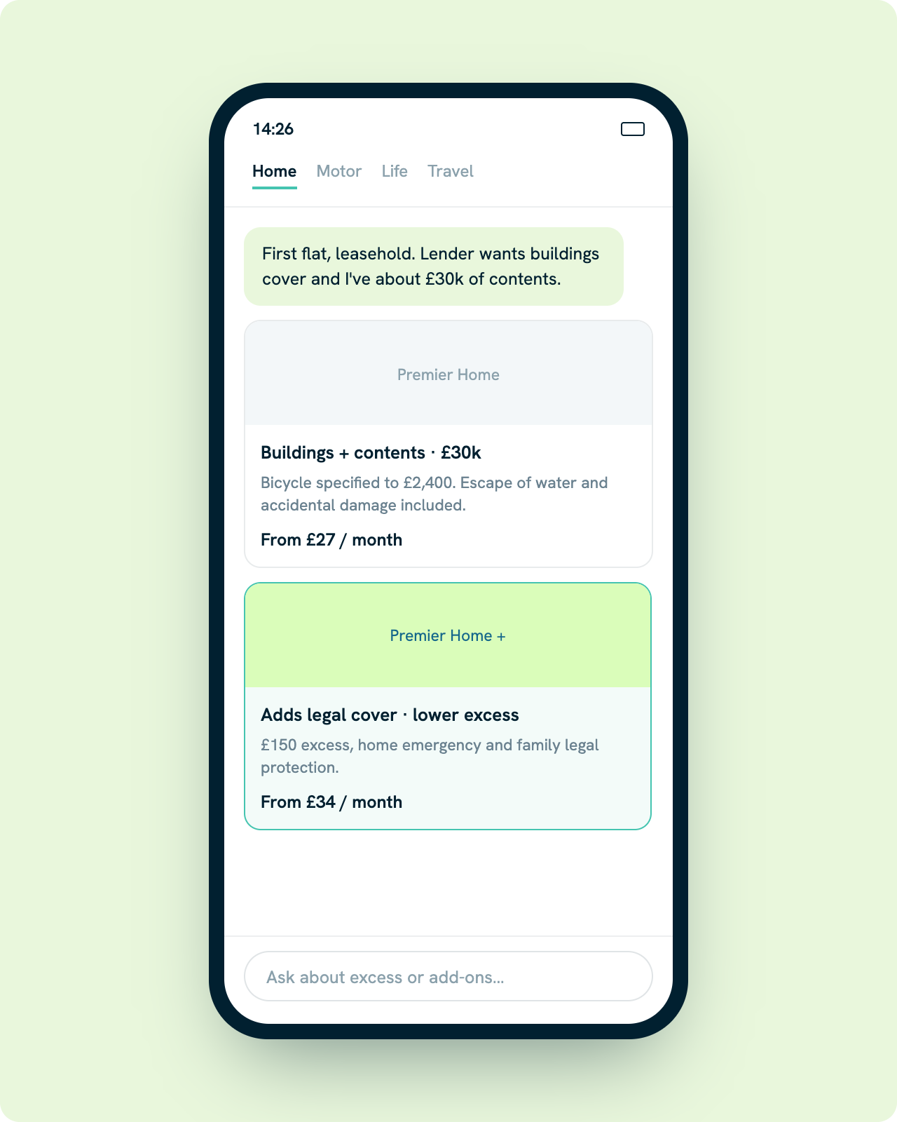 Kleio AI agent recommending home insurance cover options in a mobile conversation