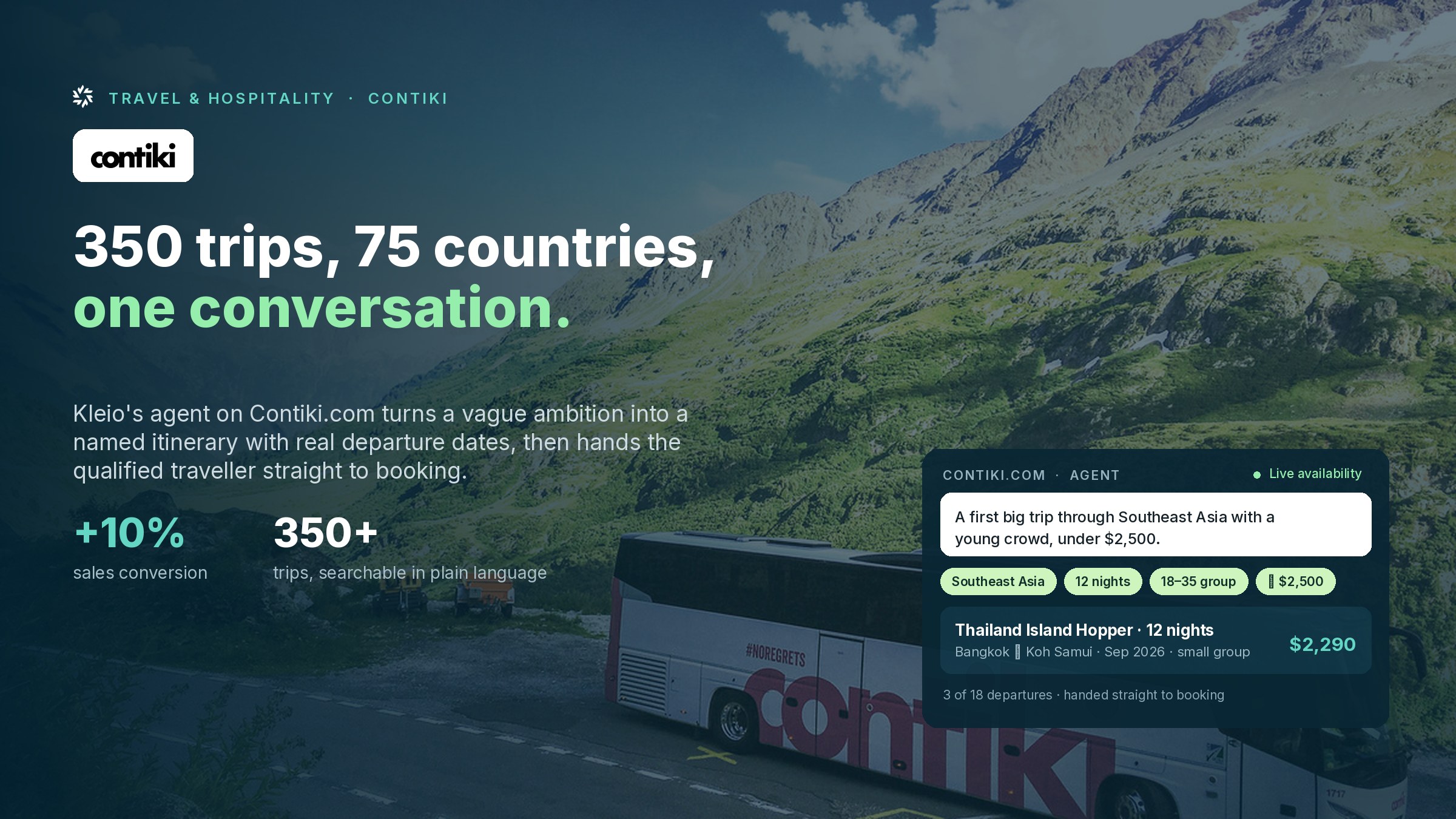 Kleio's AI travel expert on Contiki.com: 350 trips, 75 countries, one conversation