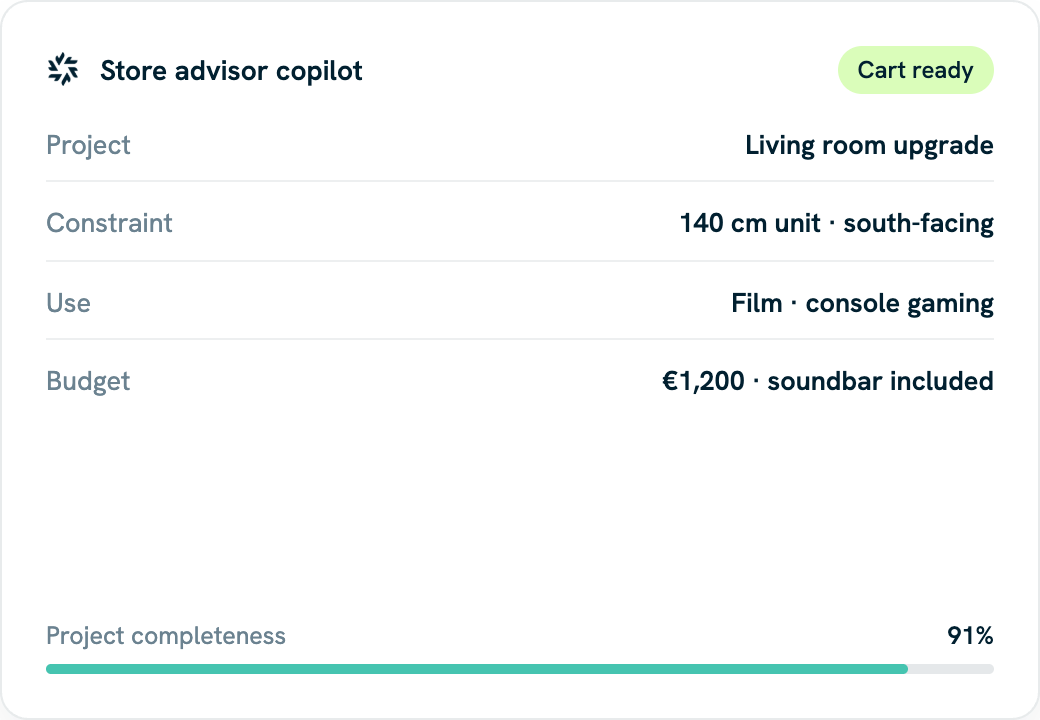 Kleio store advisor copilot showing a qualified living room project with budget and constraints