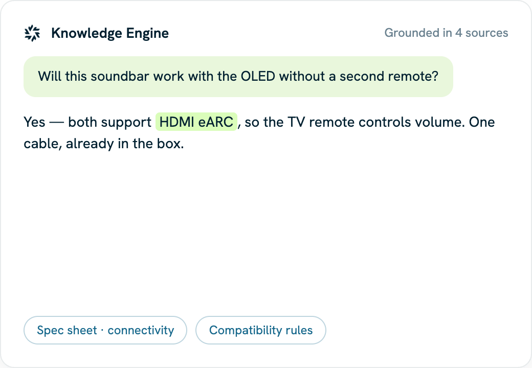 Kleio Knowledge Engine answering a soundbar compatibility question with cited spec sheets