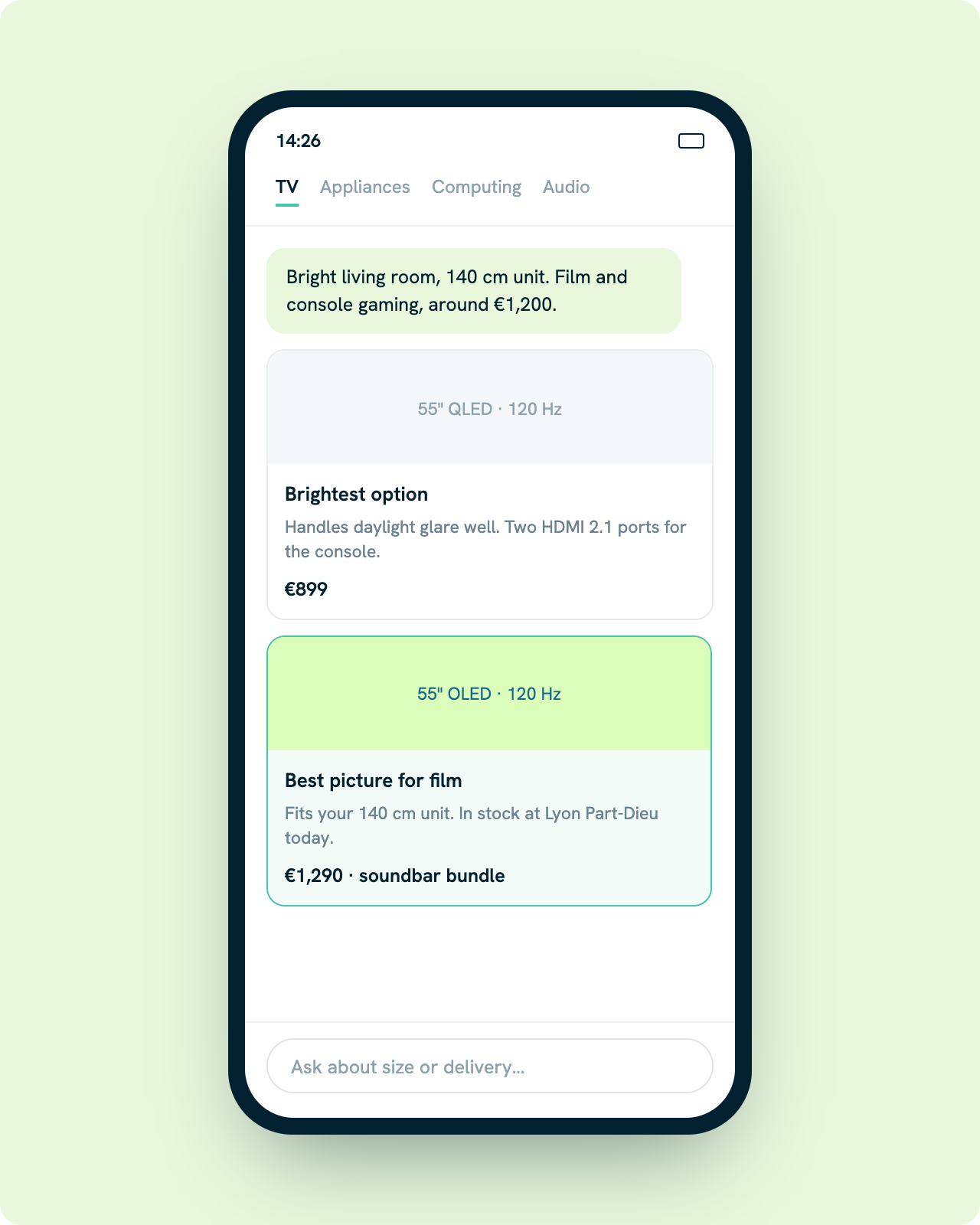 Kleio AI agent recommending a TV for a bright living room in a mobile conversation, with store stock