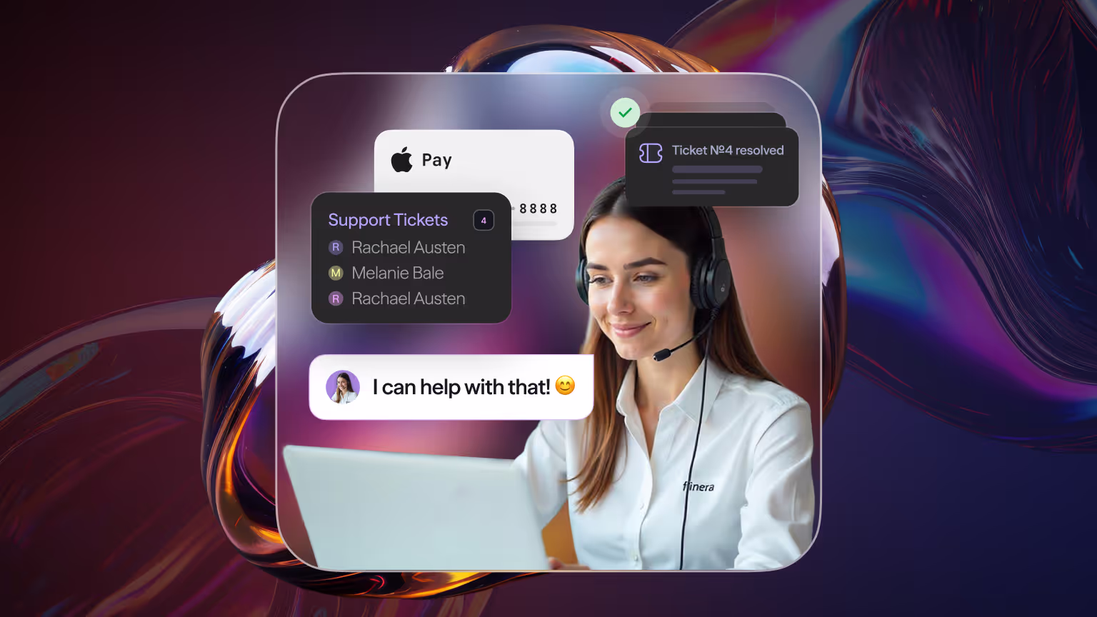 Customer support representative wearing a headset, smiling during a call.
