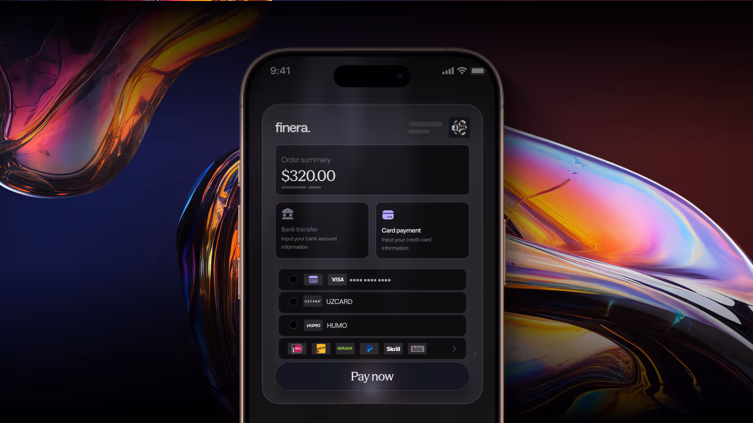 Mobile checkout screen on Finera showing UZCARD and HUMO as local payment options for Uzbekistan transactions