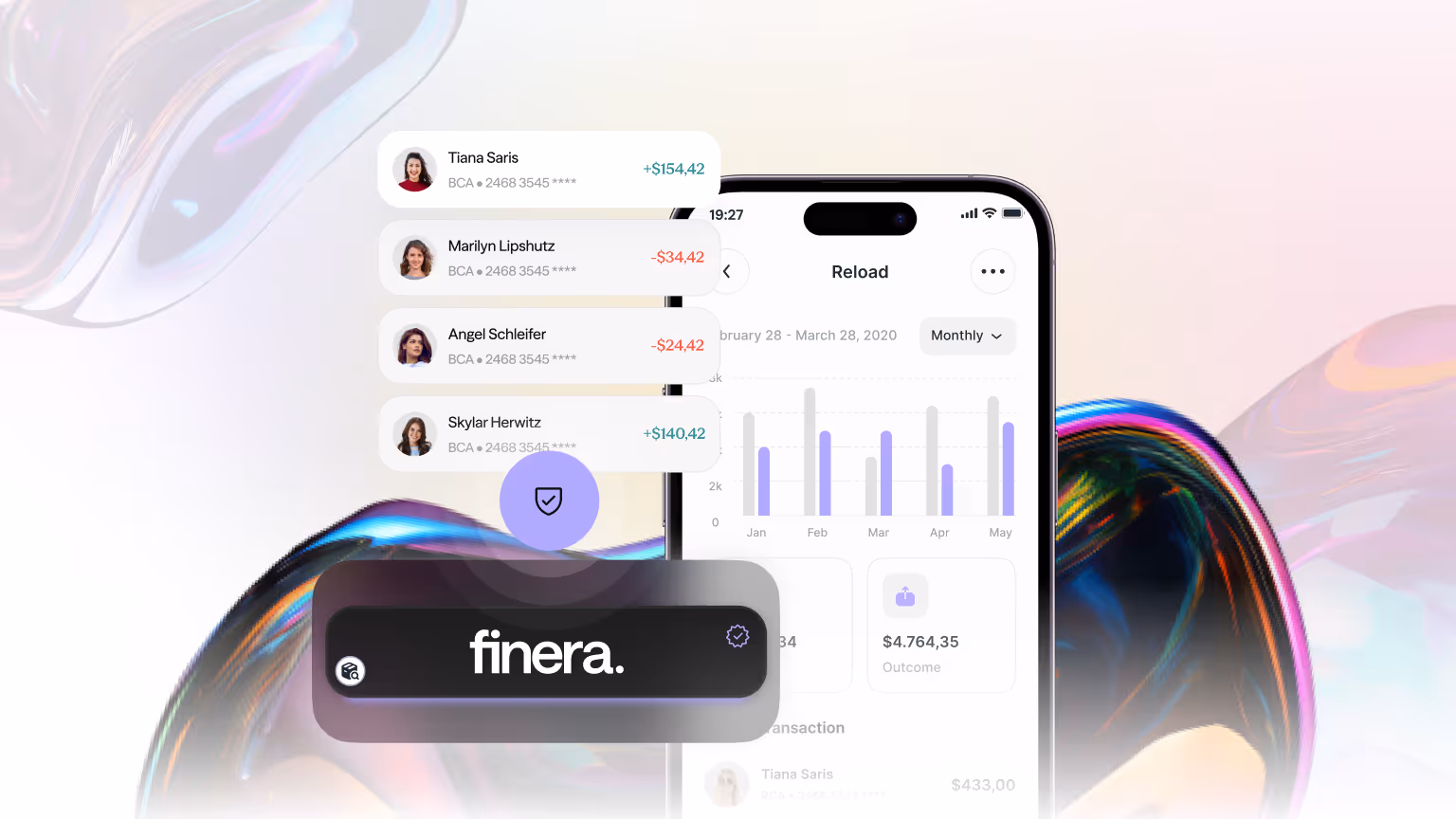 Finera 3DS mobile dashboard with transaction insights and fraud protection features in a secure payment environment.
